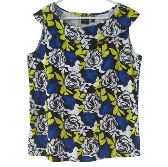 Rafaela Floral Boat Neck Ribbed Sleeveless Top 1X White Blue Black Green - Picture 1 of 12